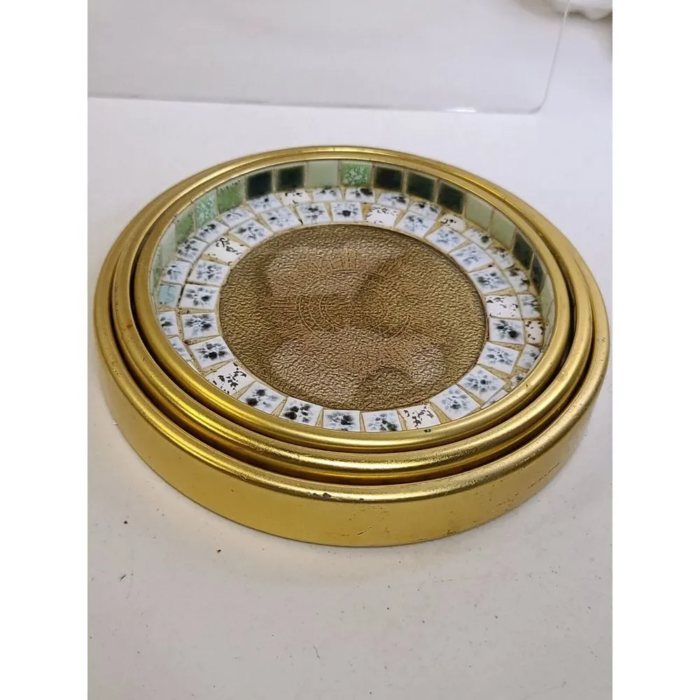 Nesting Set MCM Mosaic Tile Coasters NUT‎ DISH Ashtrays Lynn Paulin Gold Gilt - Picture 9 of 11